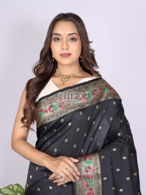 Black color soft paithani silk saree with zari woven work