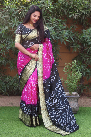 Pink and black color bandhej silk saree with zari weaving work