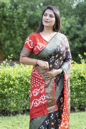 Black and red color bandhej silk saree with printed work