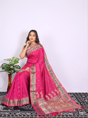Rani pink color soft paithani silk saree with zari woven work