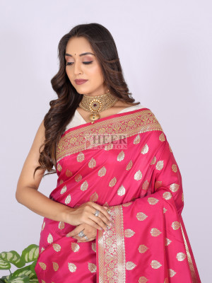 Pink color pure banarasi silk saree with zari weaving work