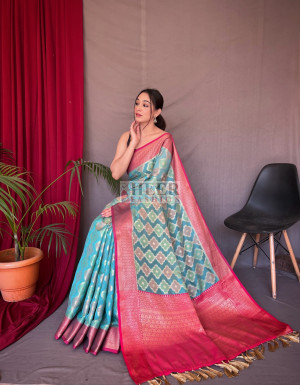 Firoji color tussar silk saree with zari weaving work