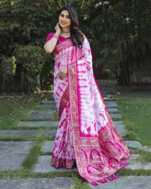 Rani pink color dola silk saree with zari weaving work