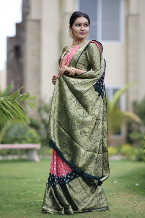 Gajari and green color bandhej silk saree with zari weaving work