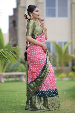 Gajari and green color bandhej silk saree with zari weaving work