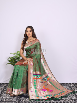 Green color paithani silk saree with zari weaving work