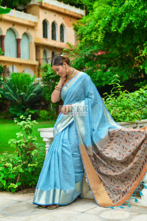 Sky Blue Woven Cotton Silk Saree - Urban Womania