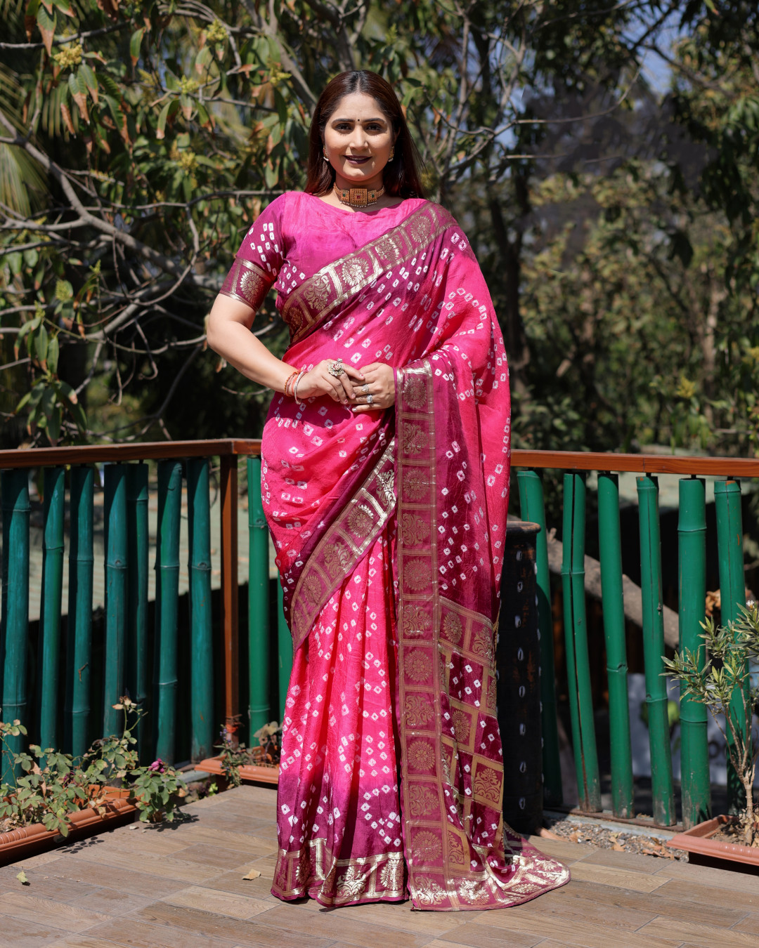 Multi color hand bandhej silk saree with zari weaving work