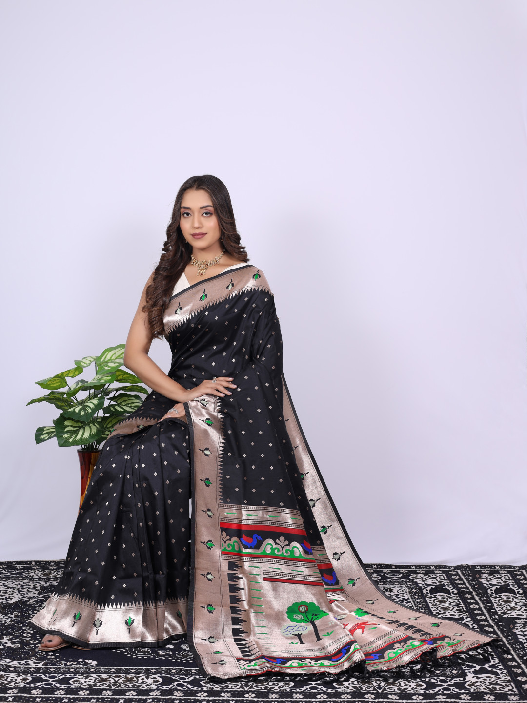 Black color paithani silk saree with zari weaving work