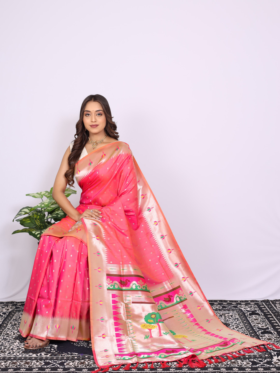 Peach color paithani silk saree with zari weaving work