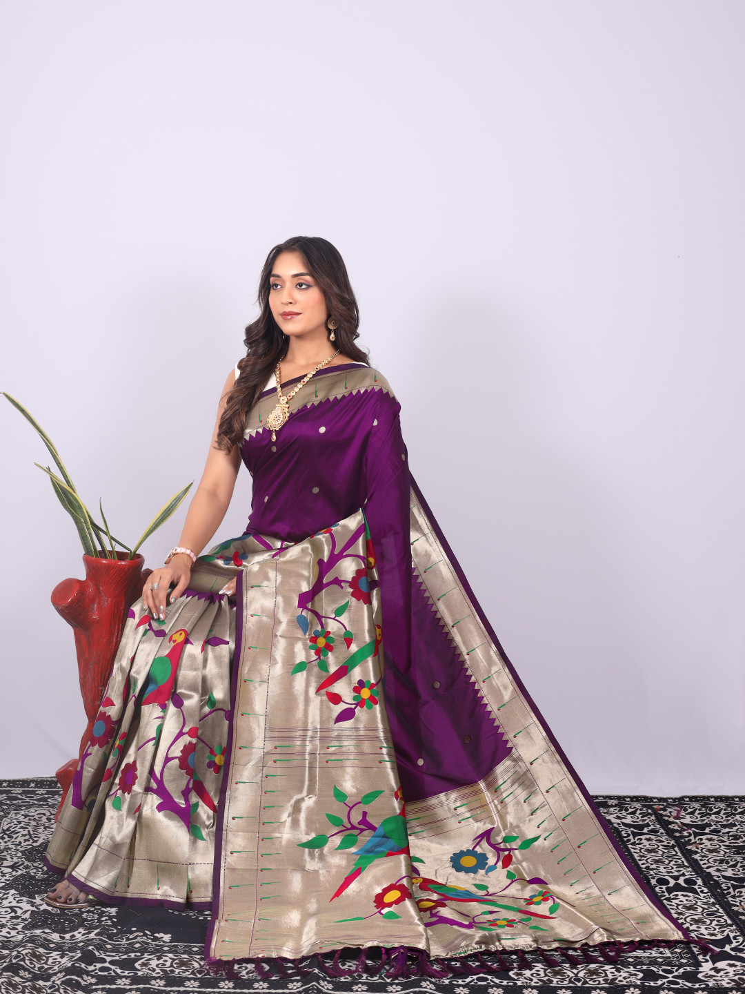 Magenta color paithani silk saree with zari weaving work