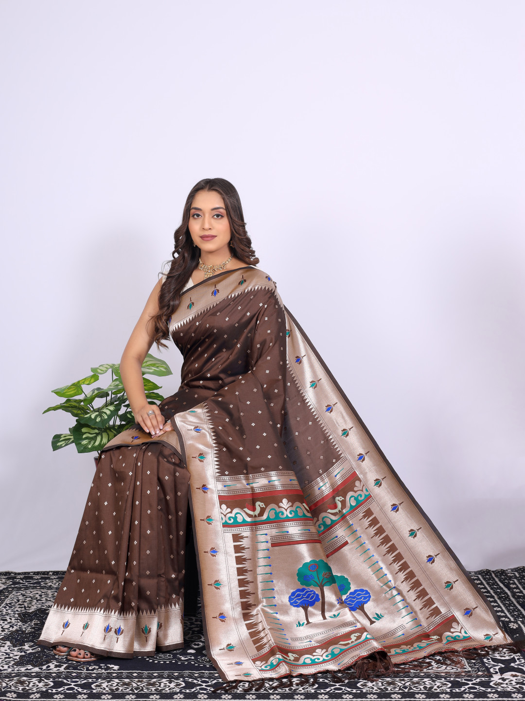 Coffee color paithani silk saree with zari weaving work