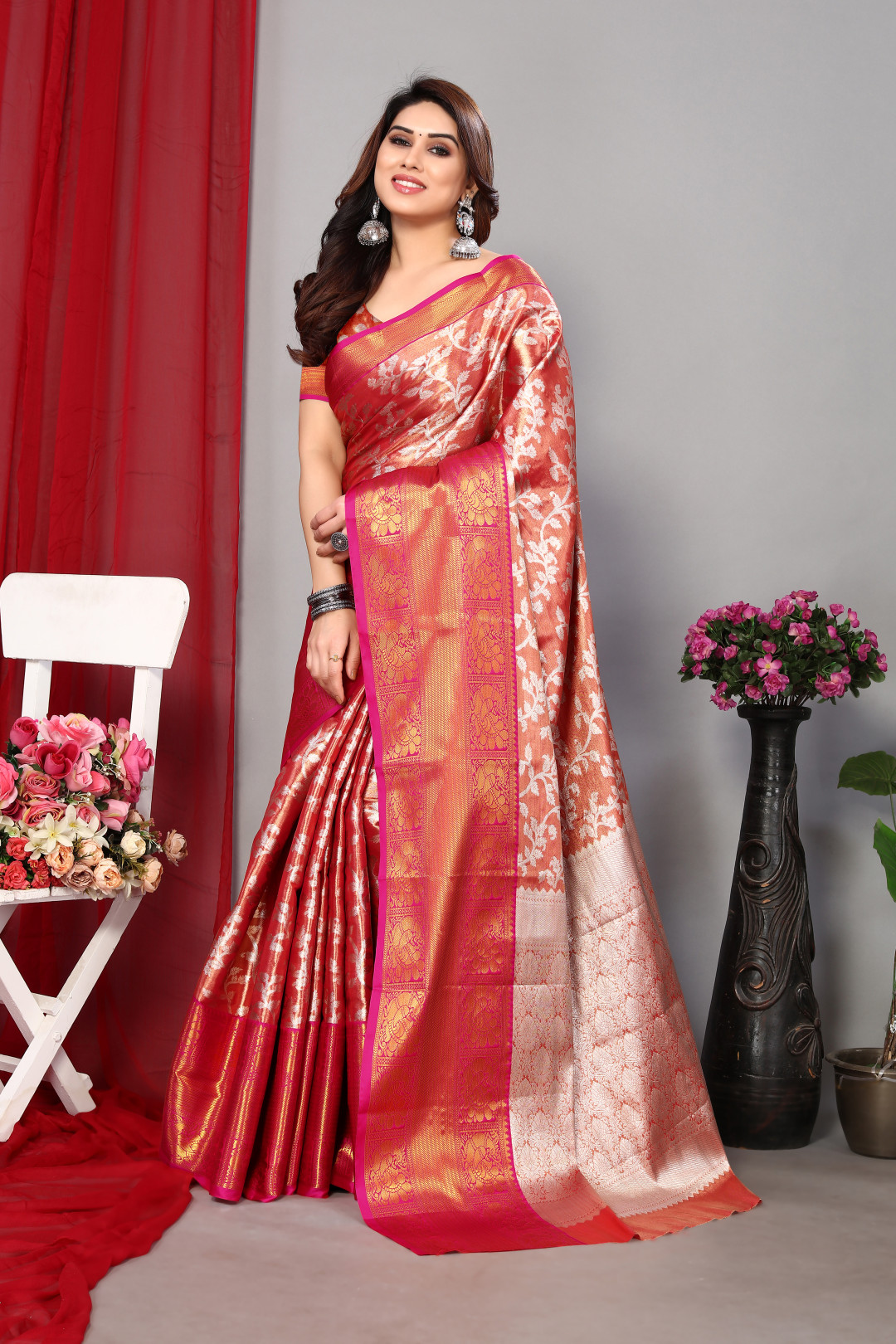 Orange color kanchipuram silk saree with zari weaving work