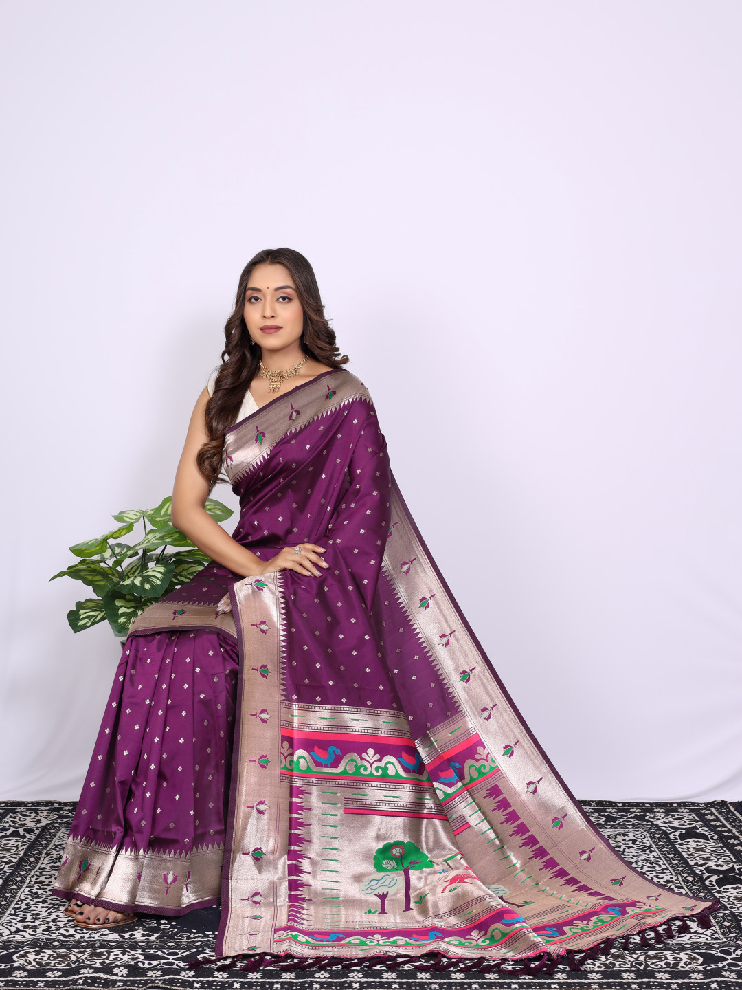 Magenta color paithani silk saree with zari weaving work
