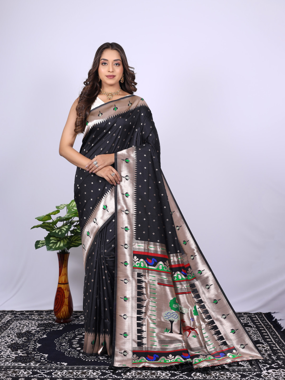 Black color paithani silk saree with zari weaving work