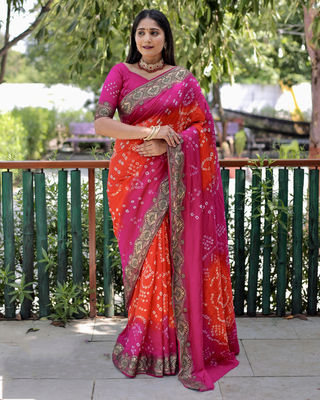 Multi color pure hand bandhej silk saree with printed work
