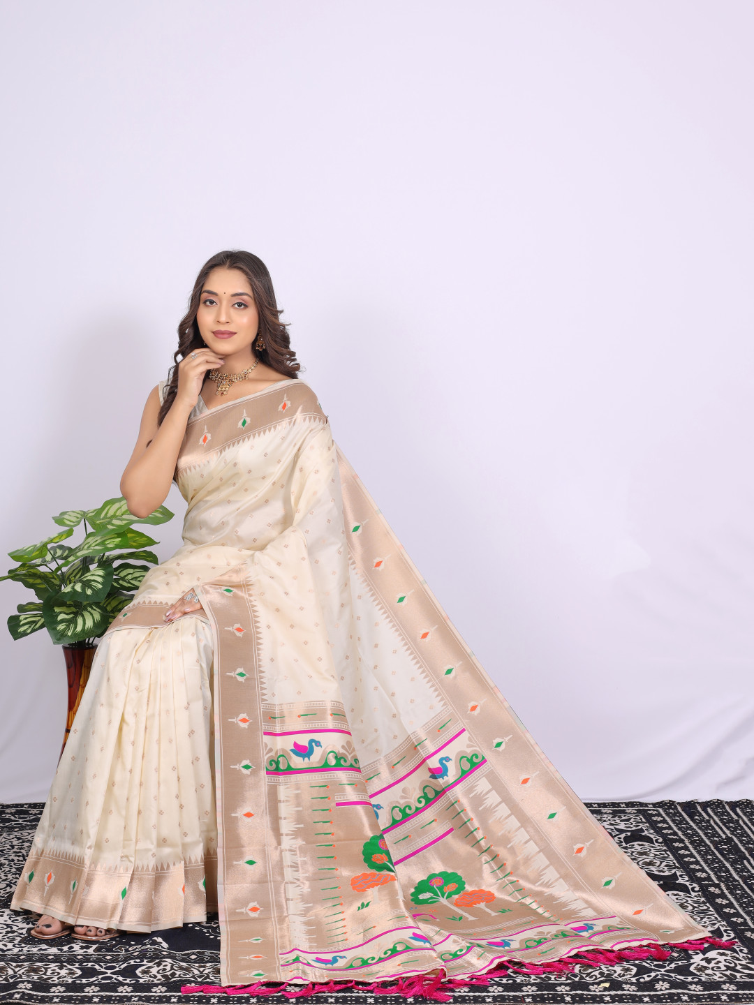 Off white color paithani silk saree with zari weaving work