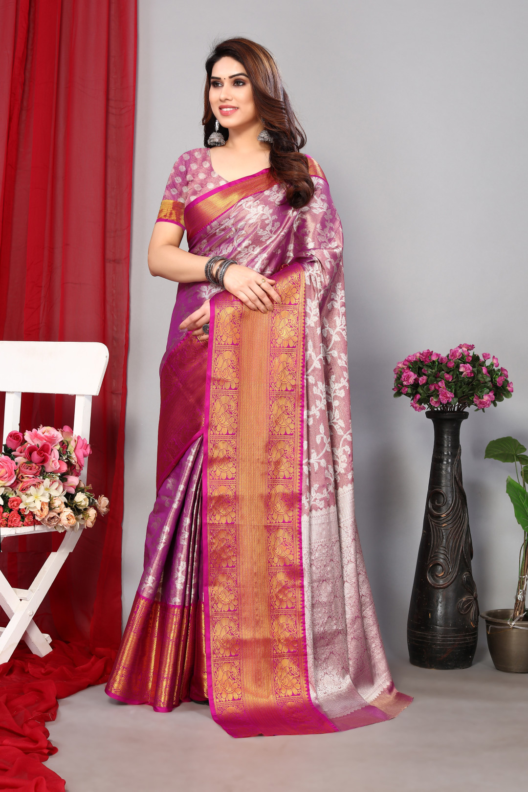 Purple color kanchipuram silk saree with zari weaving work