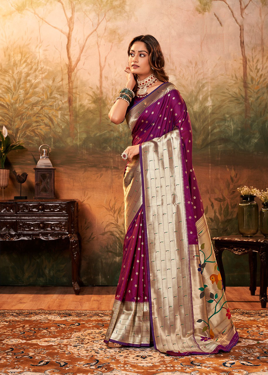 Magenta color paithani silk saree with zari weaving work