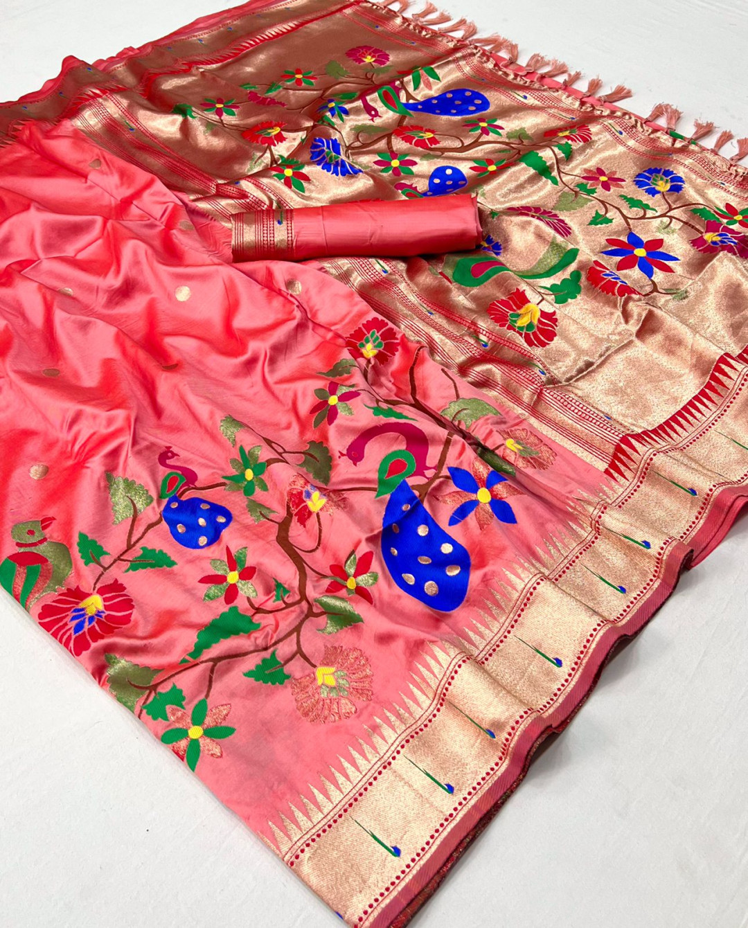 Peach Color Paithani Silk Saree With Zari Weaving Work