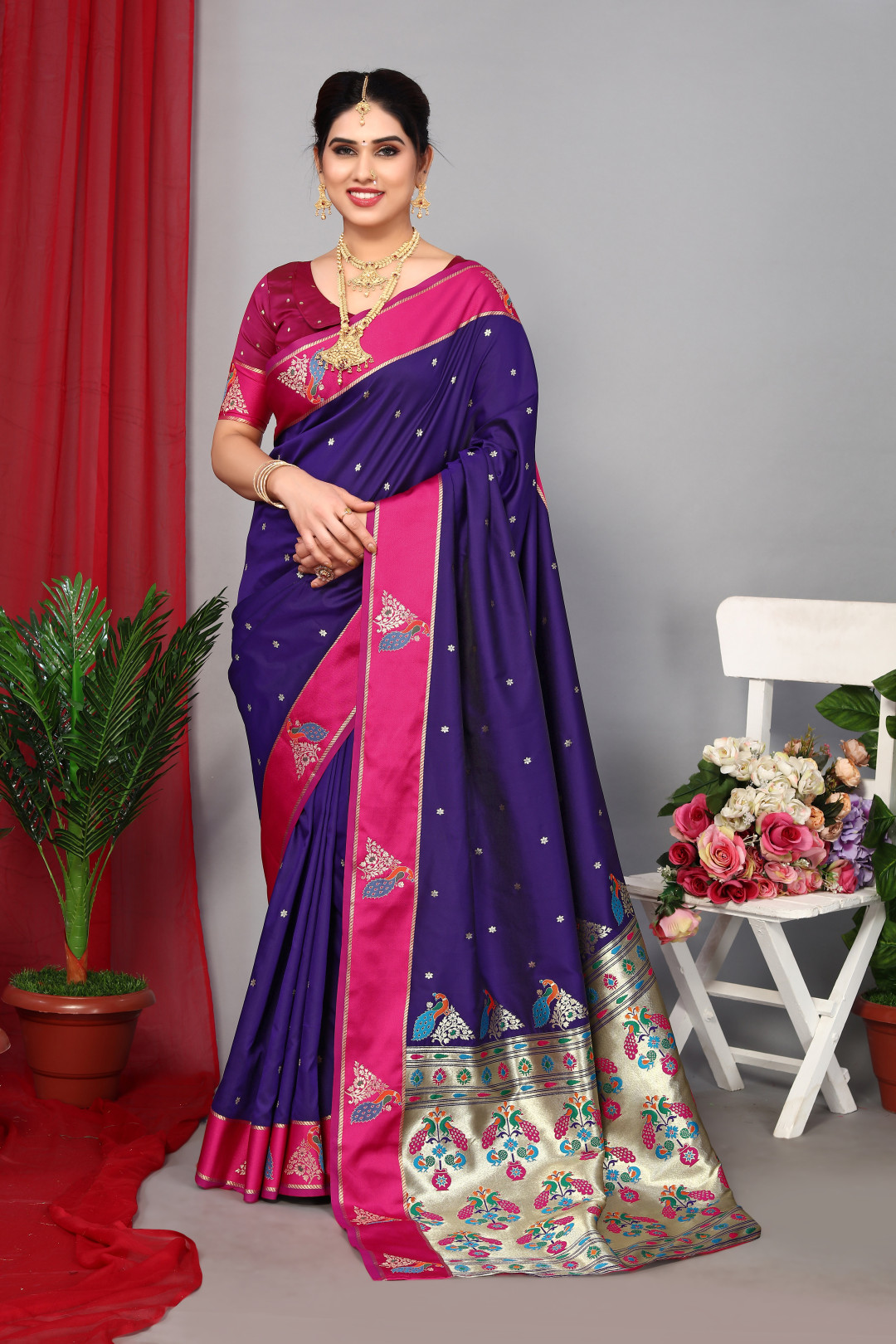 Violet and Blue Paithani Silk Saree - Urban Womania