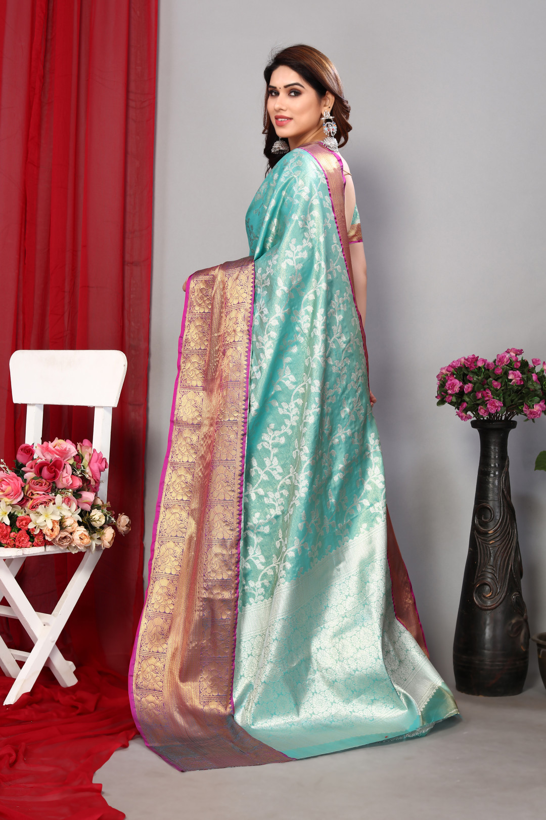 Sea green color kanchipuram silk saree with zari weaving work