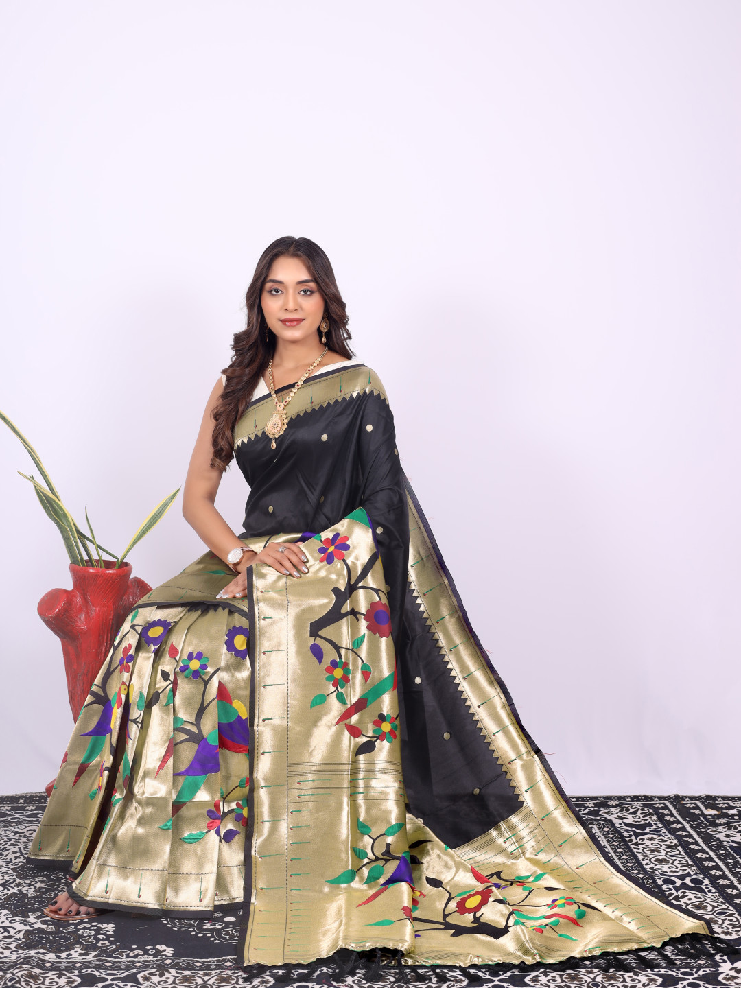 Black color paithani silk saree with zari weaving work
