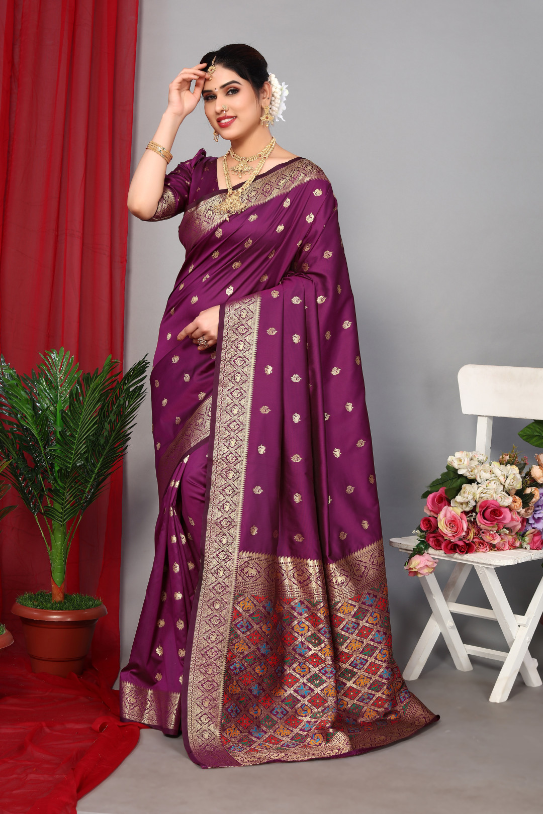 Magenta Silk Blouse With Embroidered Saree 3045SR07