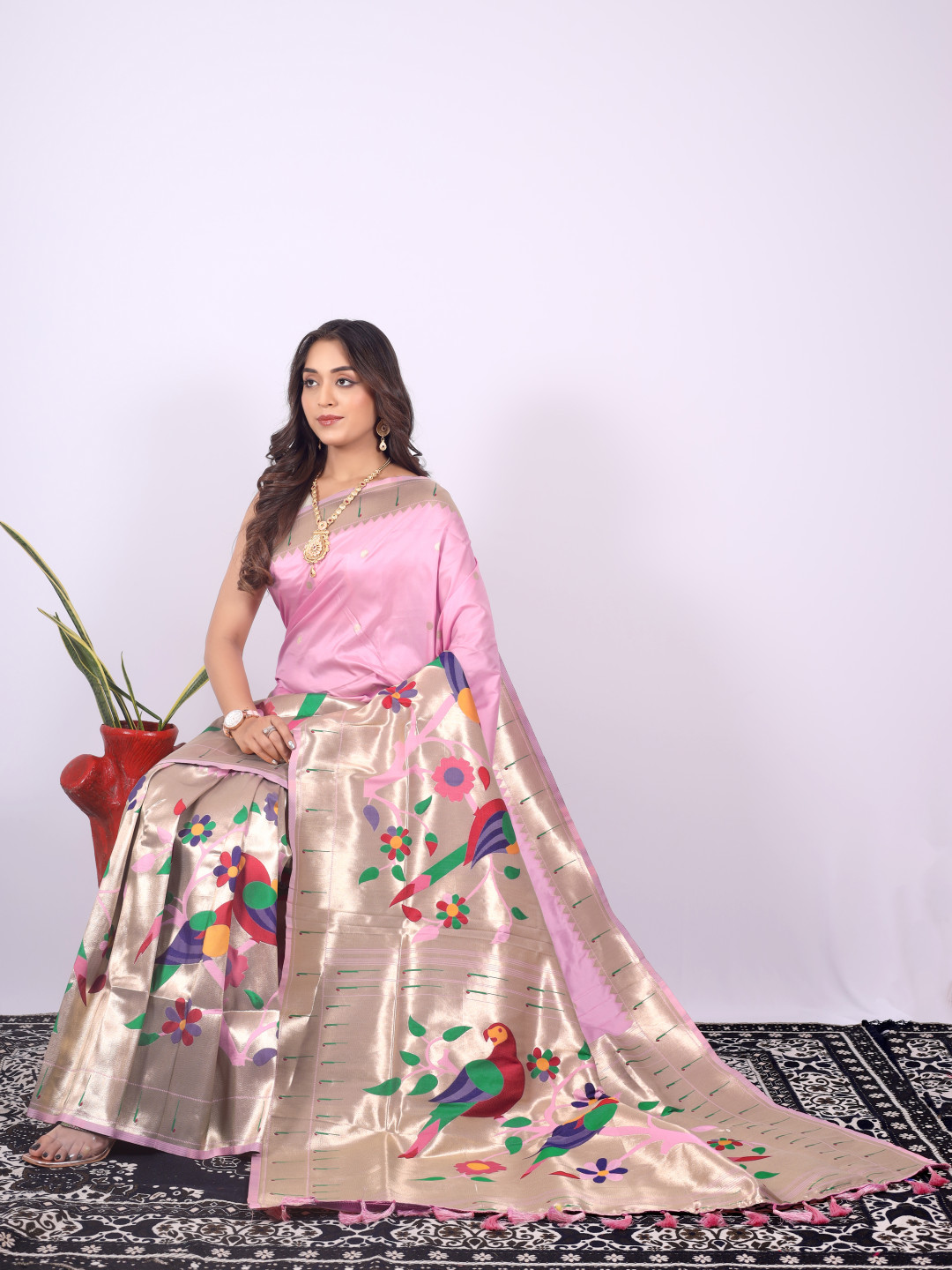 Baby pink color paithani silk saree with zari weaving work