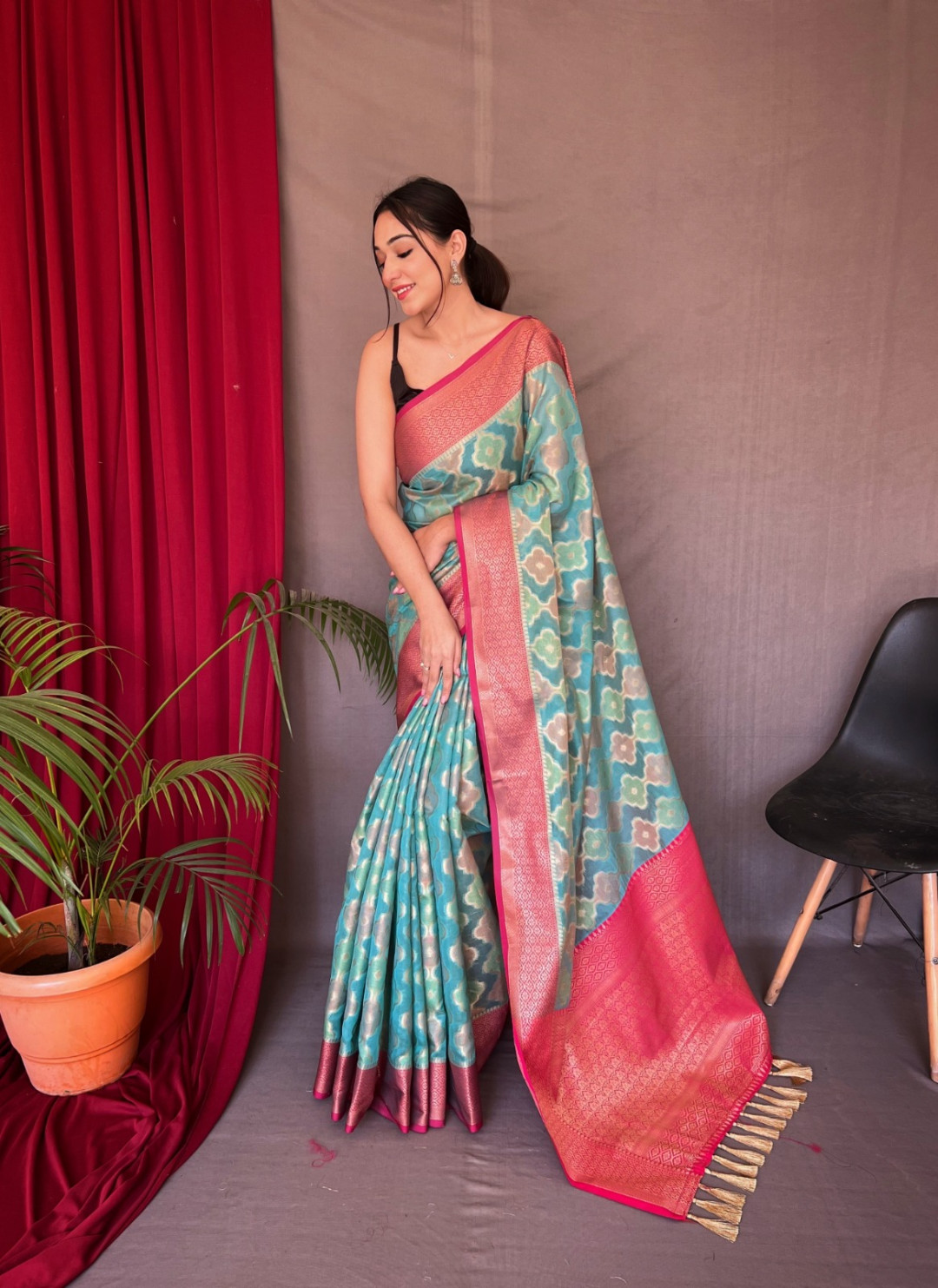 Firoji color tussar silk saree with zari weaving work