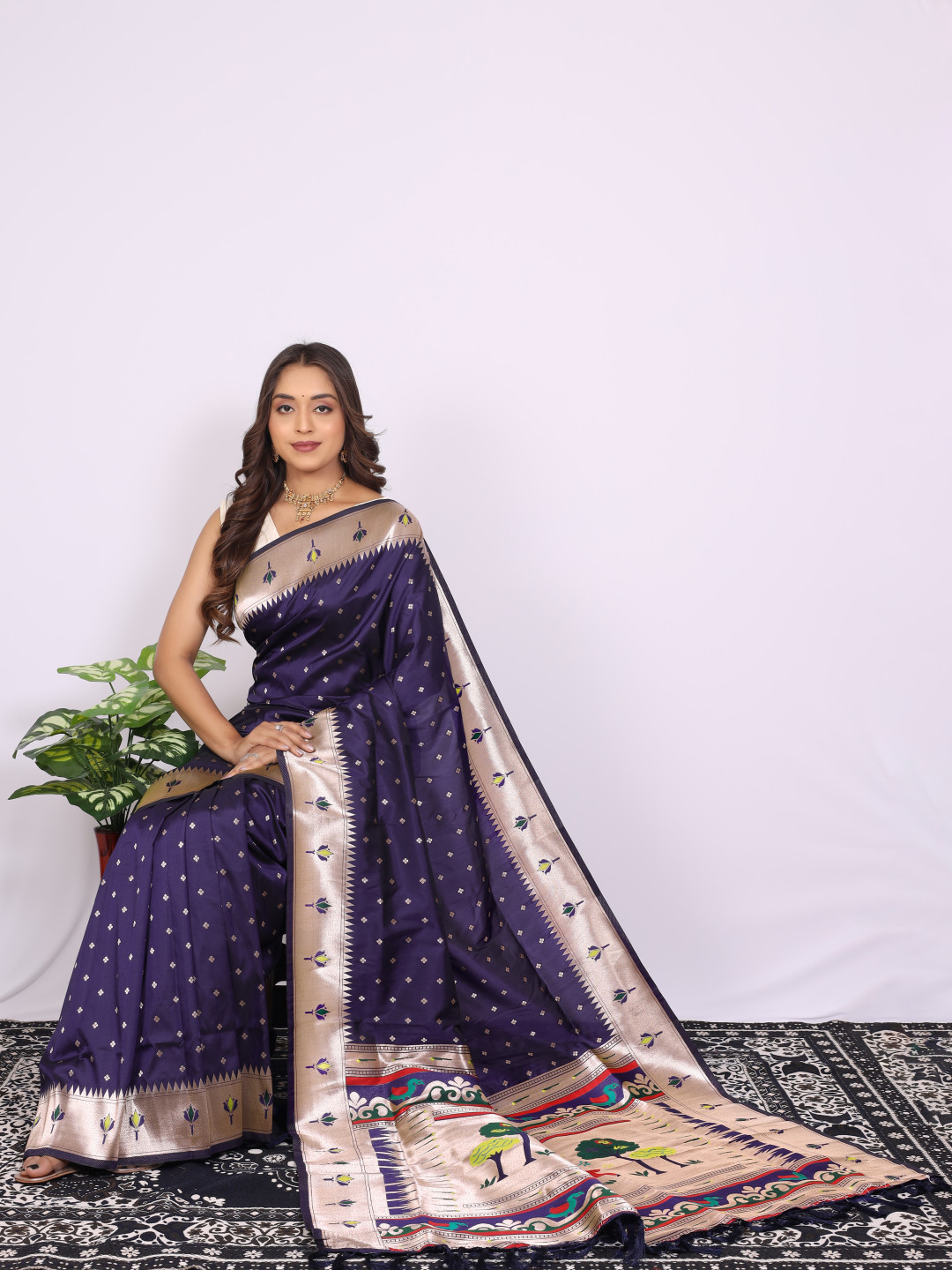 Navy blue color paithani silk saree with zari weaving work