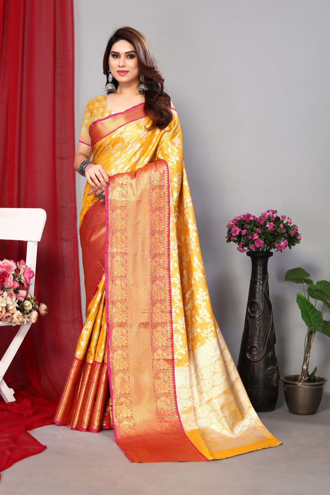Yellow color kanchipuram silk saree with zari weaving work
