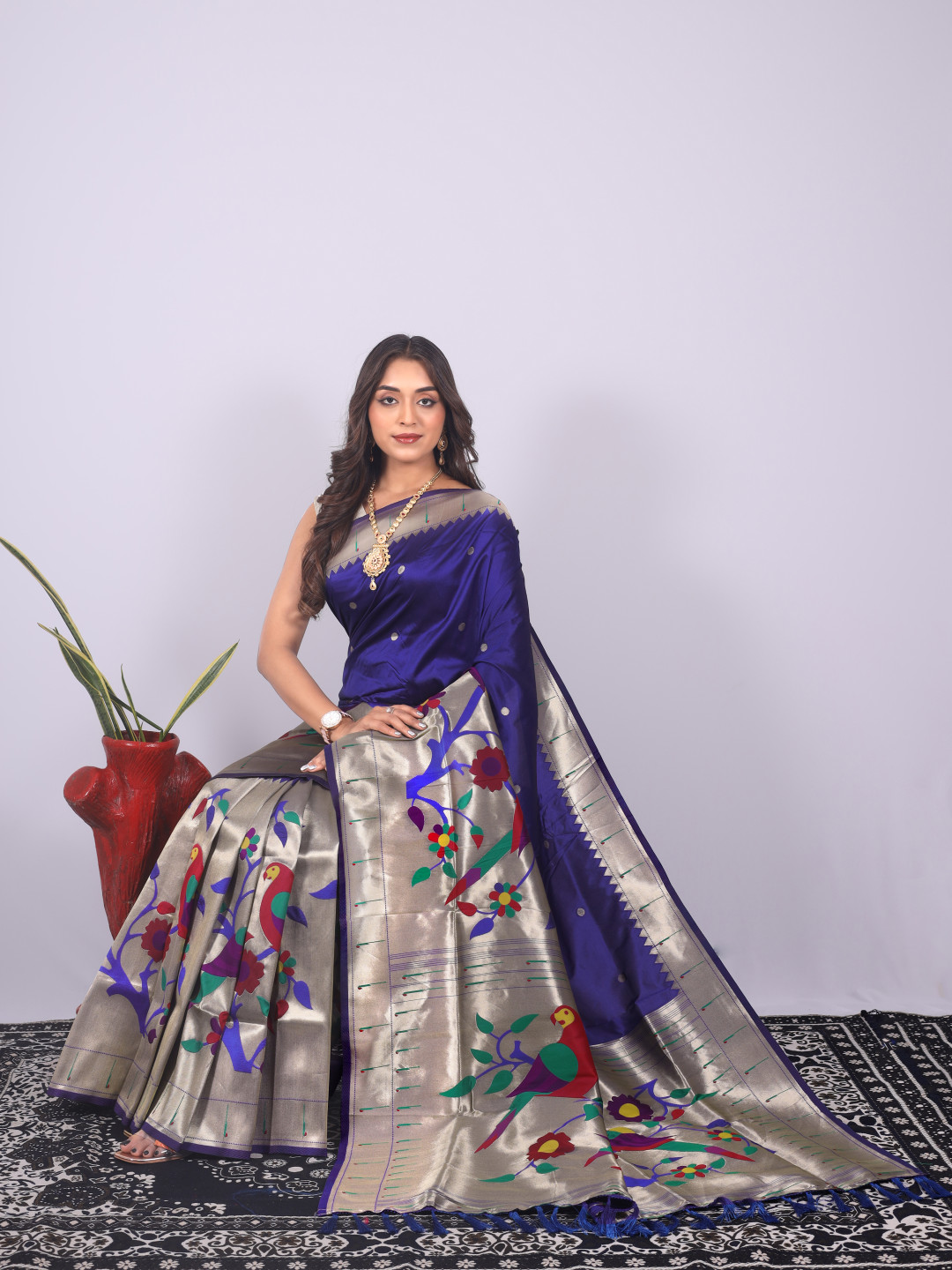 Royal blue color paithani silk saree with zari weaving work