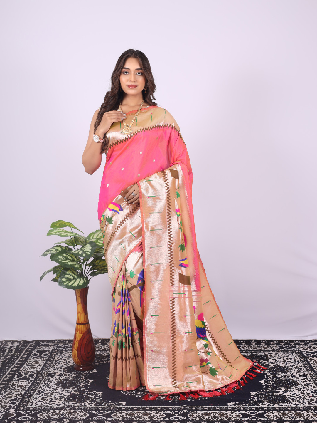 Peach color paithani silk saree with zari weaving work