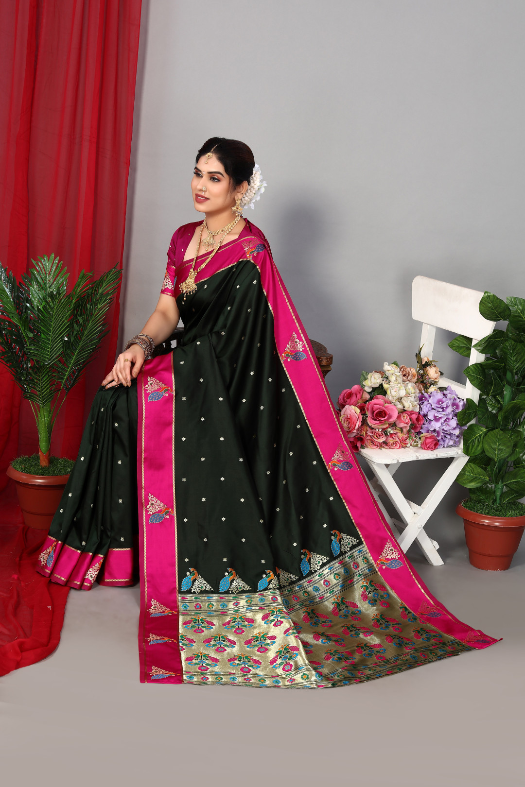 Dark Green Paithani Silk Saree with Zari Weaving, Meenakari Pallu & Double Munia Border main image 1