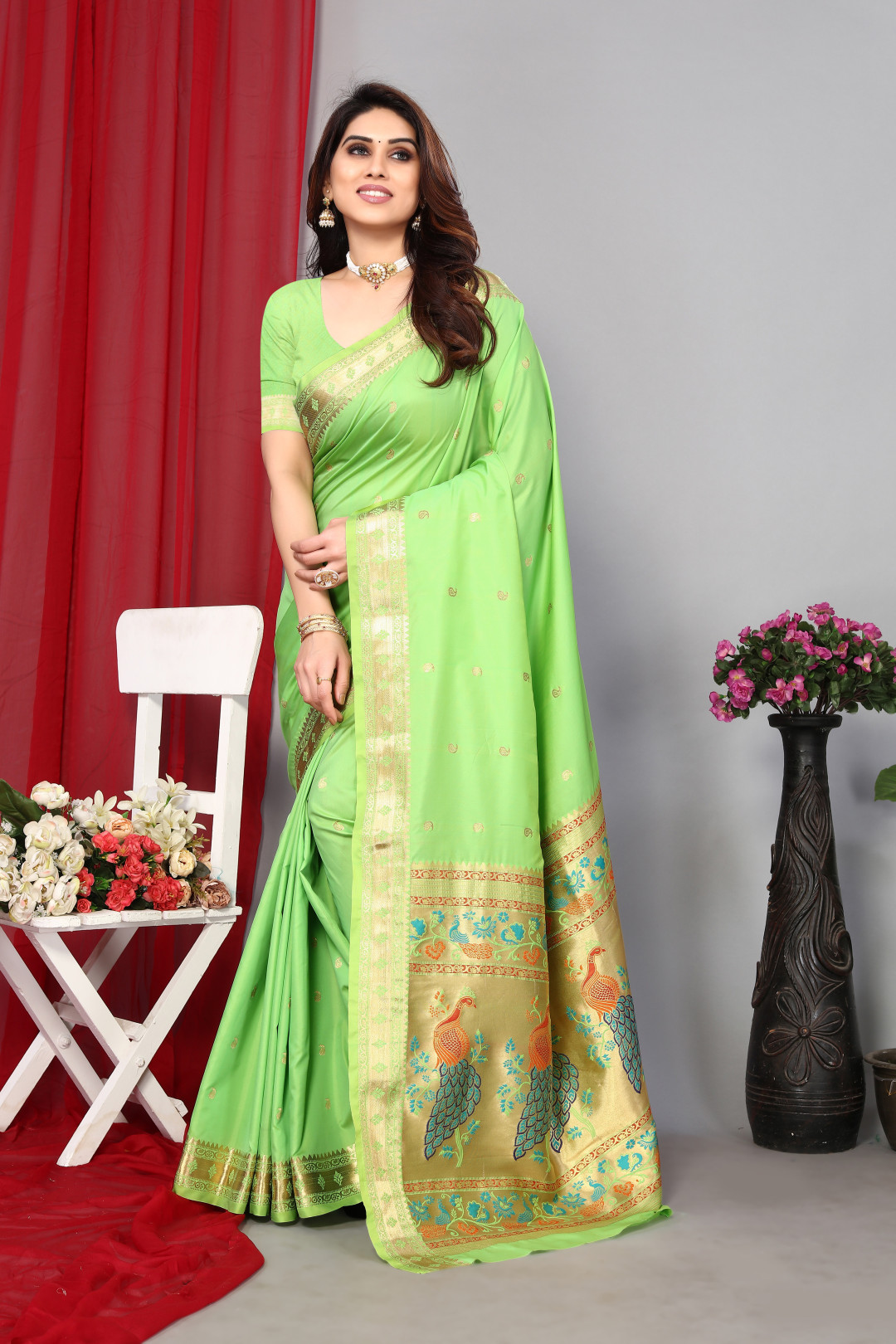 Hippie Green Soft Silk Contrast Zari Paithani Saree main image 0