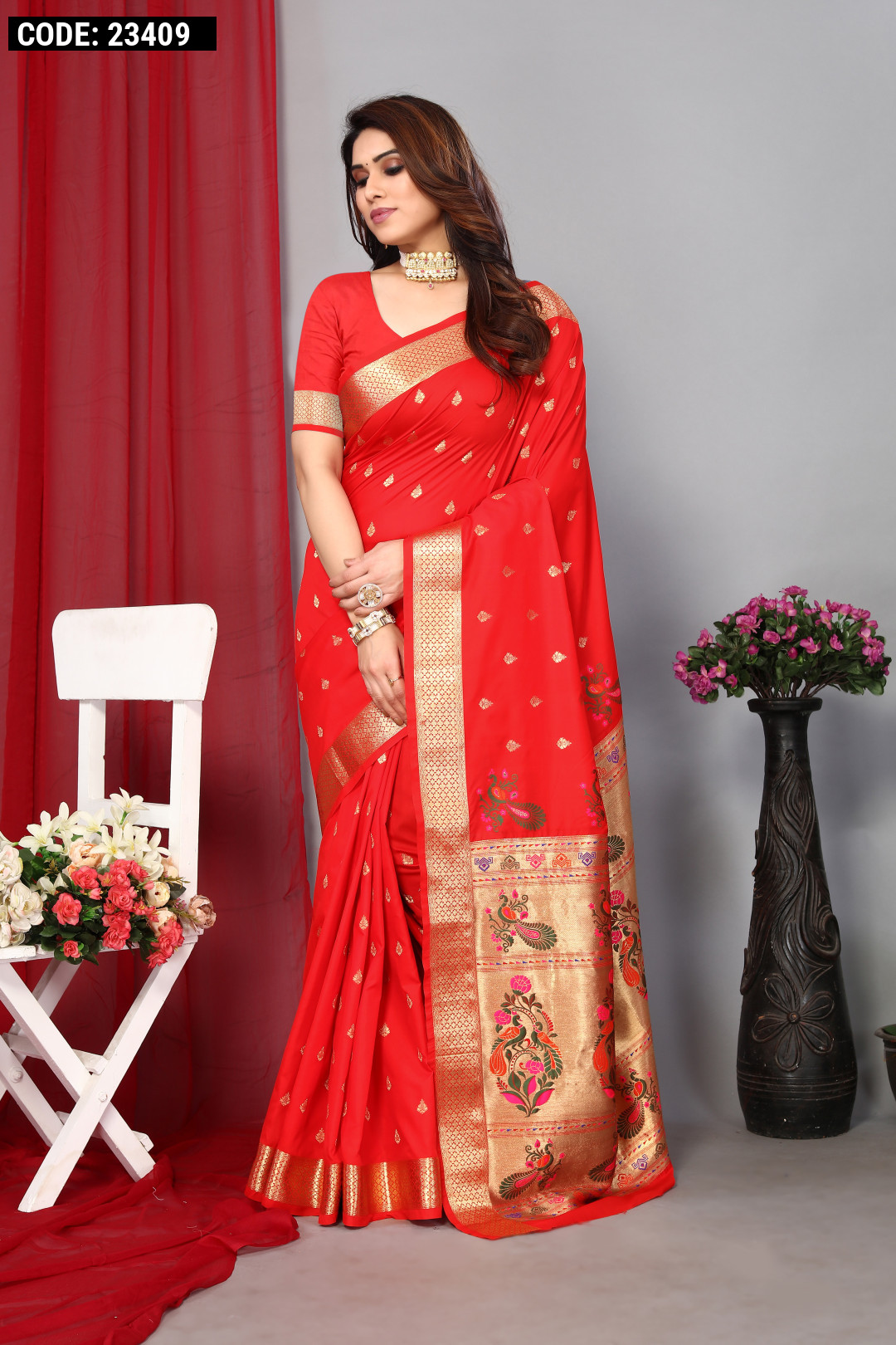 Cornell Red Traditional Paithani Silk Saree With Zari Weaving