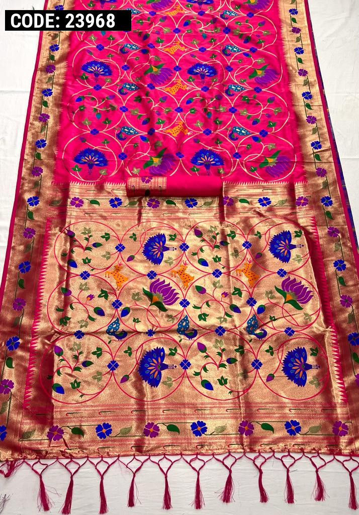 Flamingo Pink Paithani Saree With Meenakari Motifs