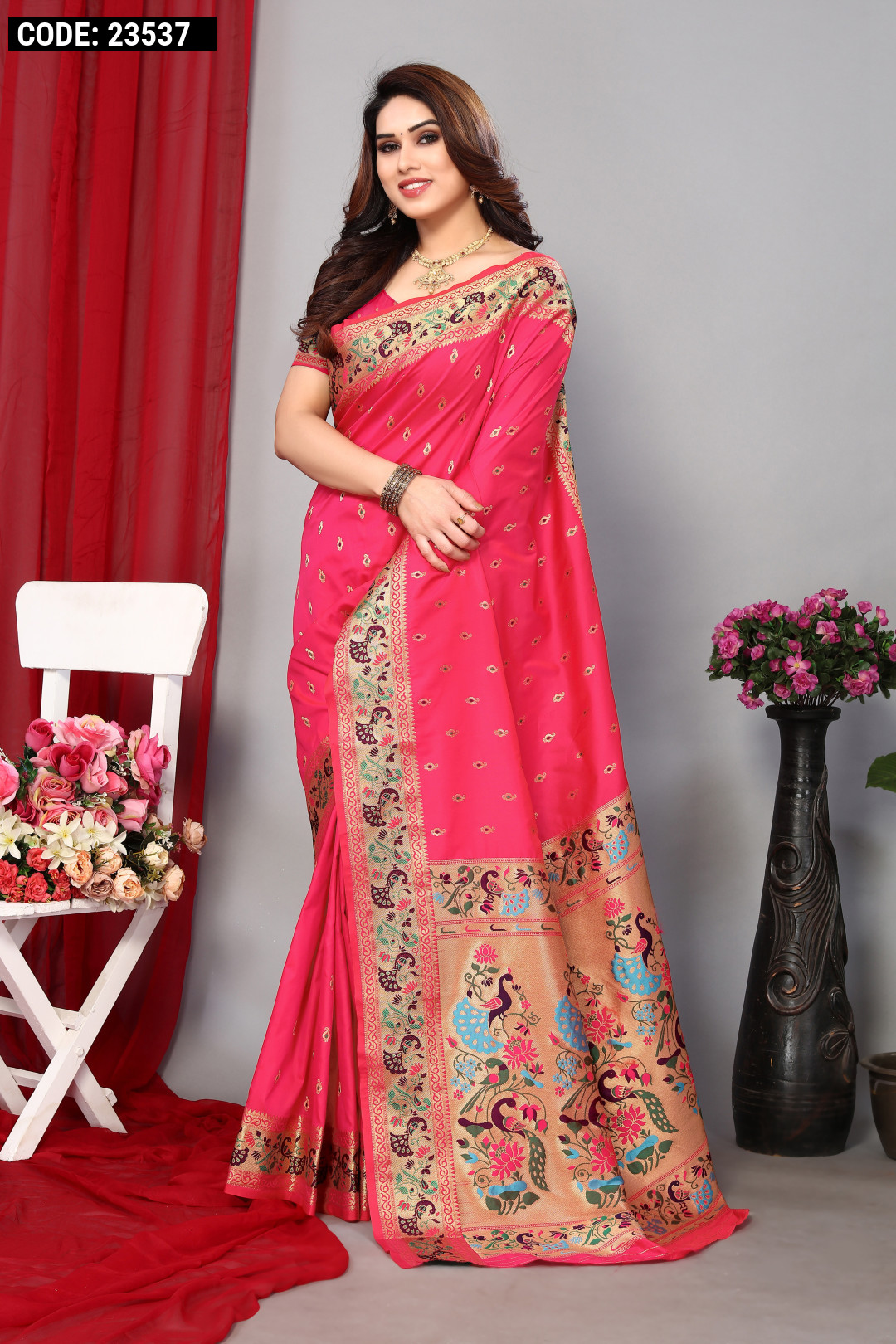 Dark Pink Printed Saree With Satin Patta – Designer Pithi