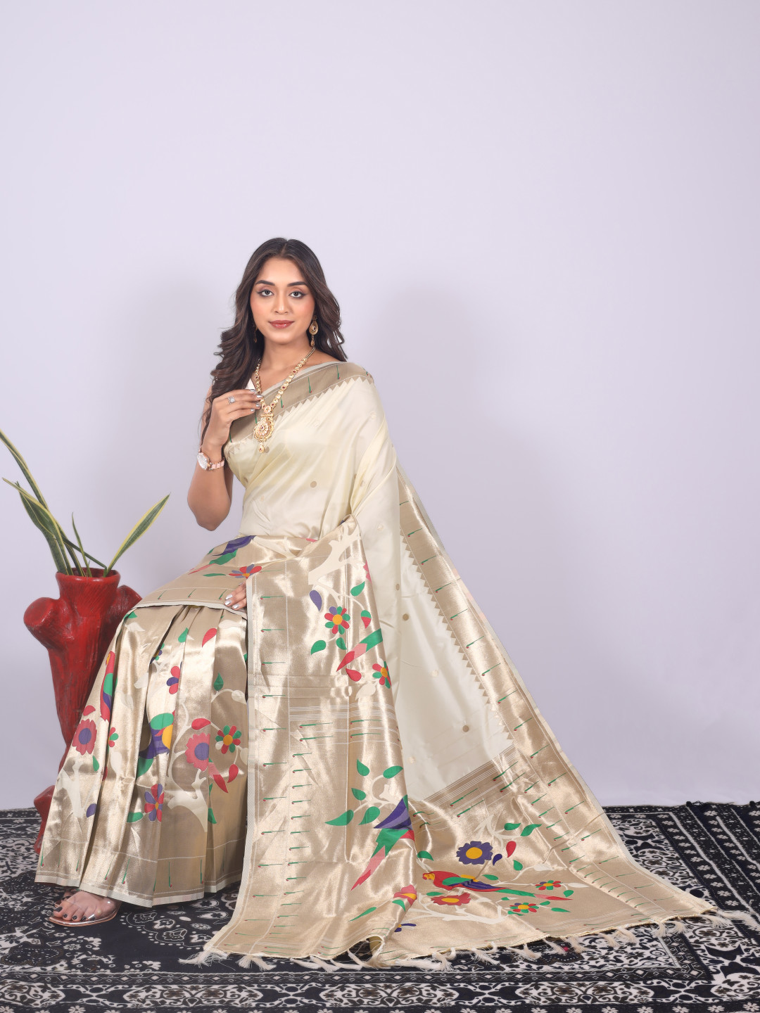 Off white color paithani silk saree with zari weaving work