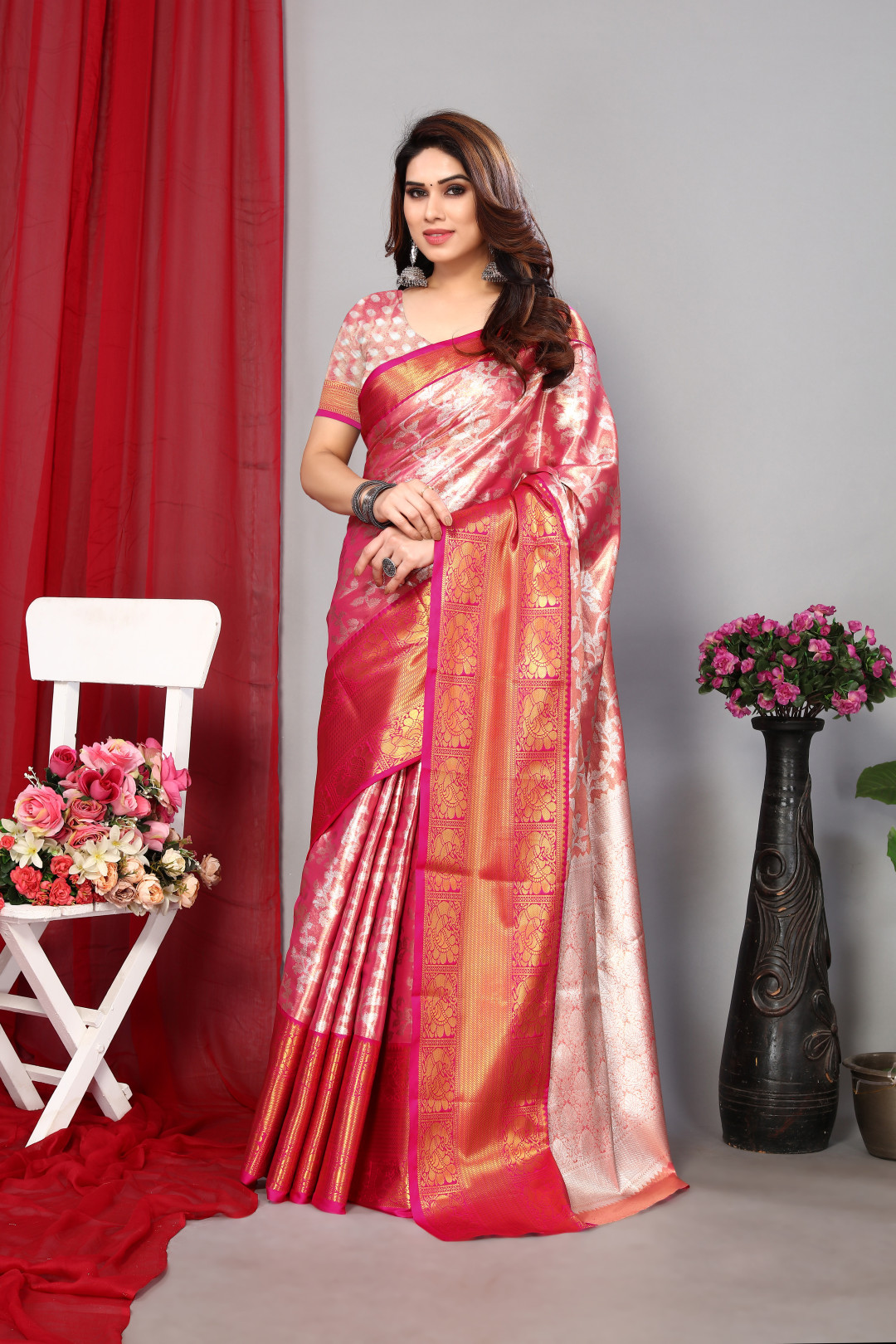 Baby pink color kanchipuram silk saree with zari weaving work