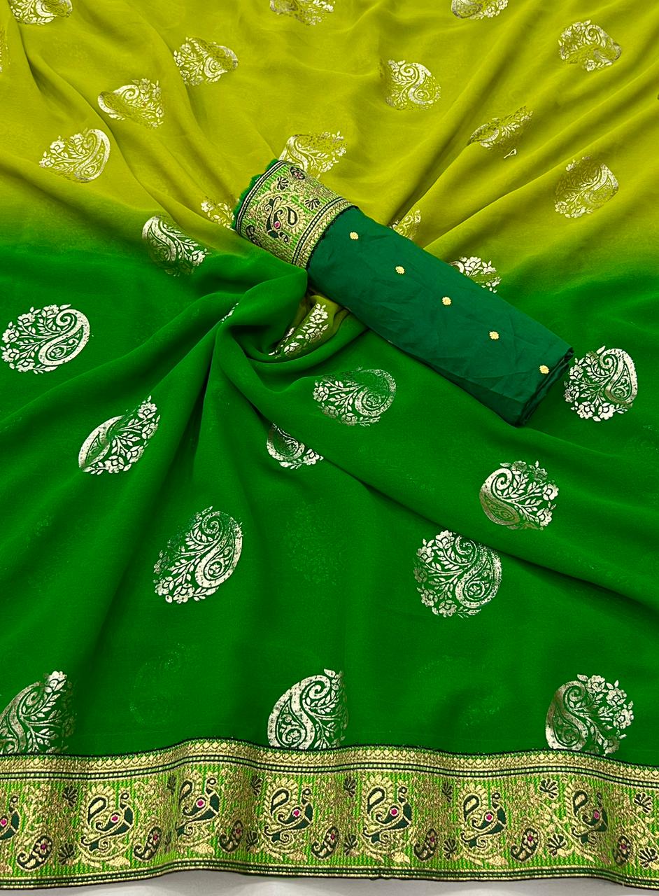 Green and parrot green color saree with foil printed work
