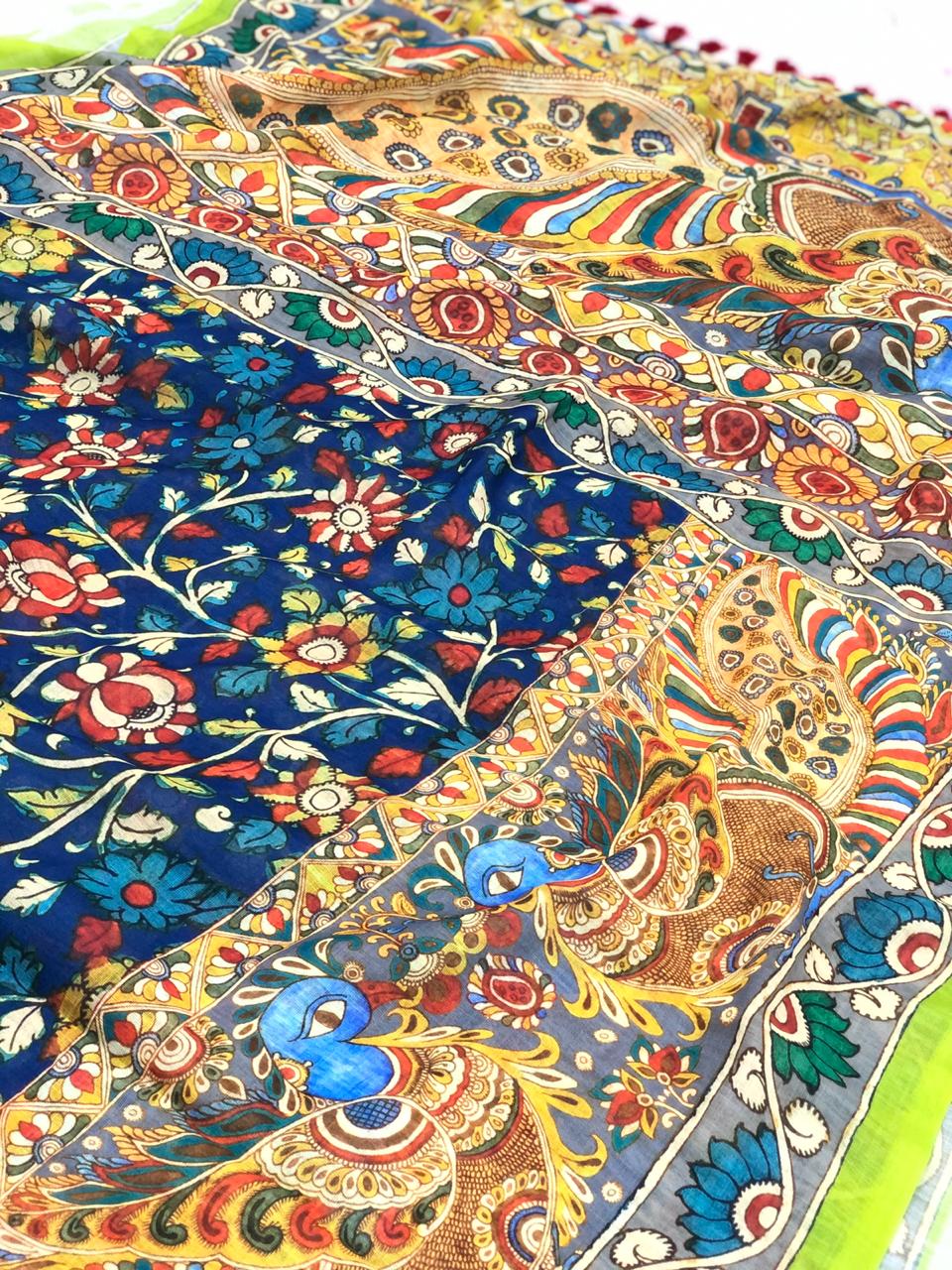 Multi color beautiful linen saree with kalamkari print