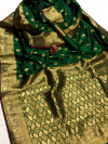 Green color soft banarasi lichi silk saree with golden zari weaving work