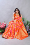 Orange and pink color banarasi silk saree with zari weaving work