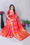Red and pink color banarasi silk saree with zari weaving work
