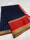Navy blue color soft cotton silk saree with satin patta zari weaving border