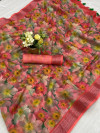 Multi color linen silk digital print saree with zari border work