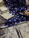 Navy blue color soft banarasi lichi silk saree with golden zari work