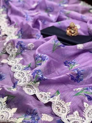 Light purple color soft organza silk saree with different floral digital print